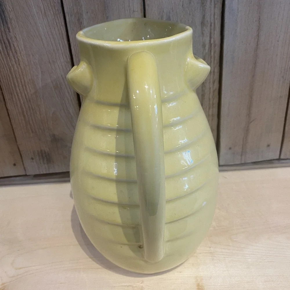 VTG MCM Ringware Yellow Ceramic‎ Ribbed Pitcher Jug Flower Frog Spout Unique 9